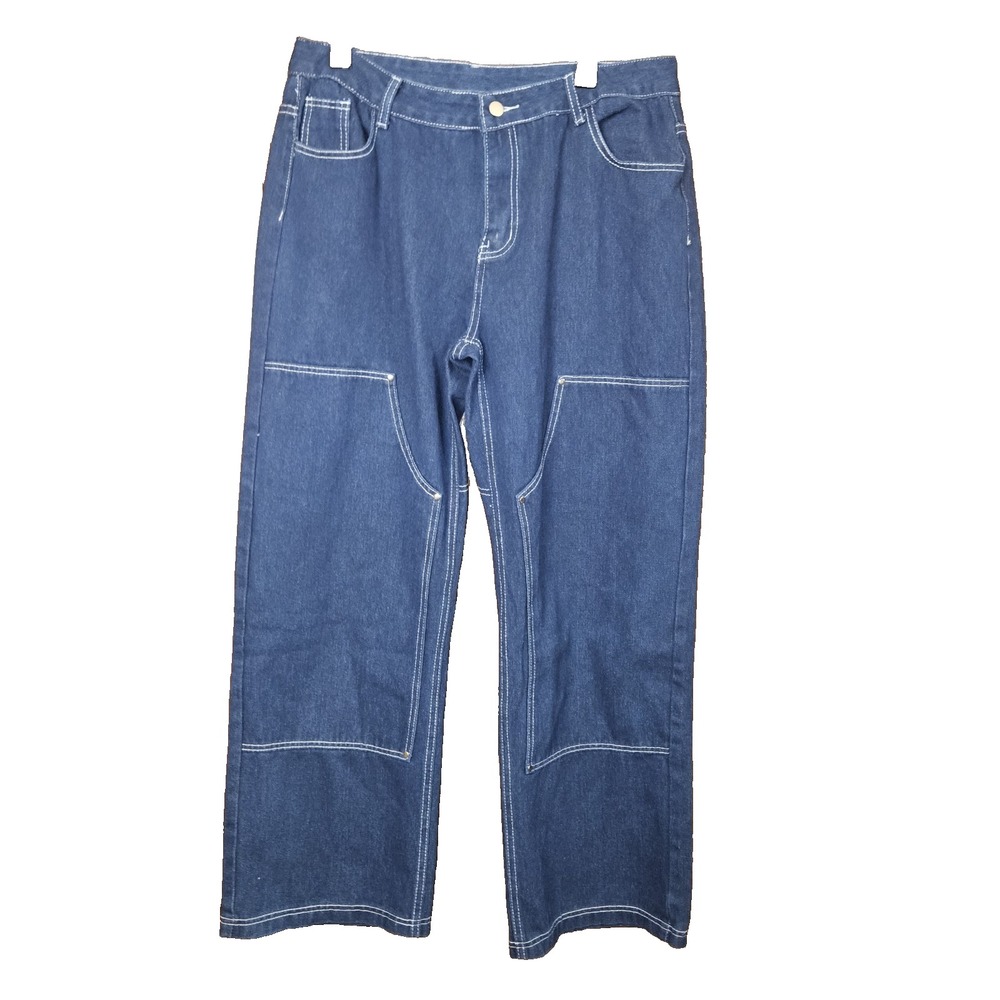 Women's XXL Double Knee Straight Leg Utility Denim Jeans Blue Workwear Aesthetic